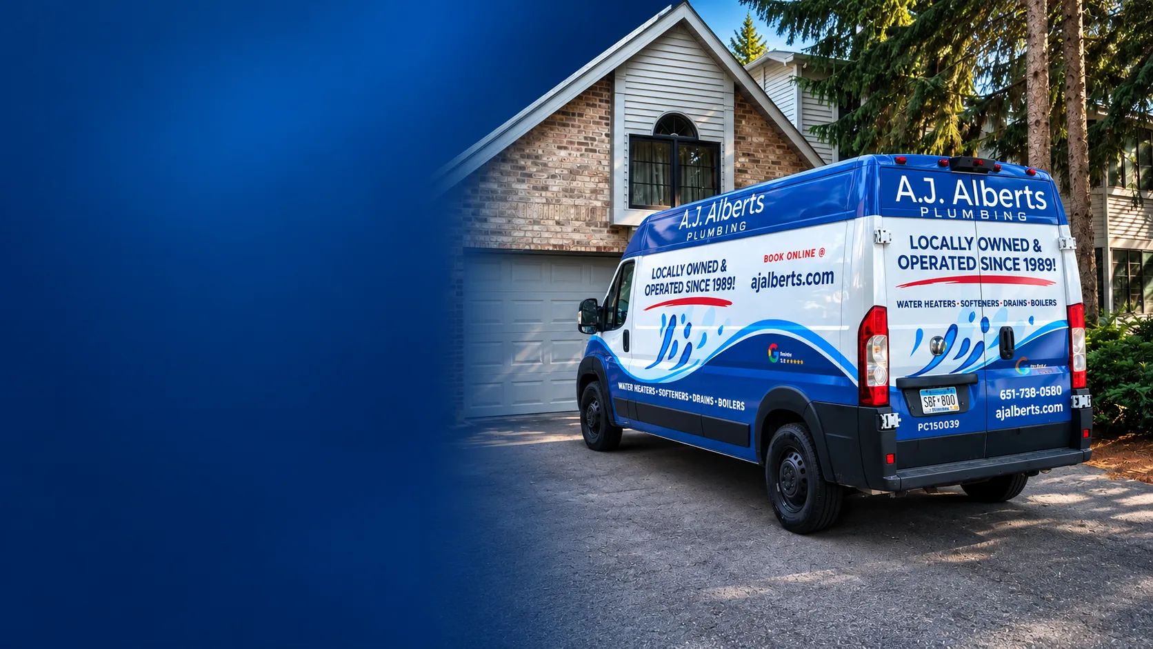 A.J. Alberts Plumbing service van parked in a driveway in front of a brick home, lettered locally owned and operated since 1989: water heaters, softeners, drains, boilers