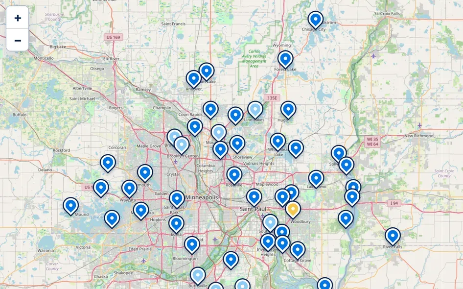 Map preview of A.J. Alberts service communities across the Twin Cities and western Wisconsin, with Woodbury marked as the home base