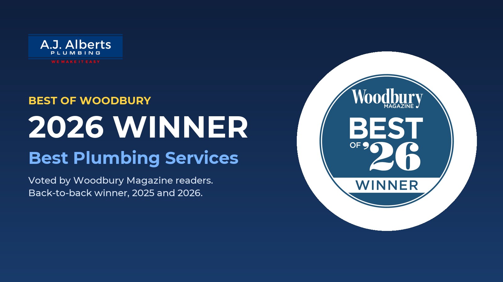 A.J. Alberts Wins Best of Woodbury 2026 for Best Plumbing Services