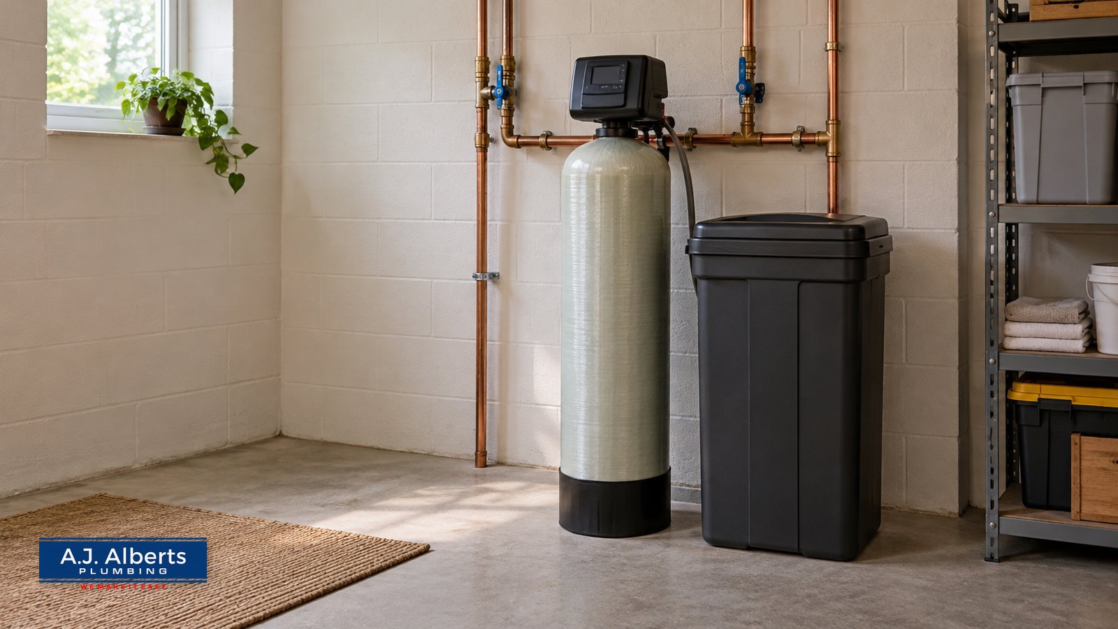 Illustration of a generic water softener and brine tank in a dry home utility room.
