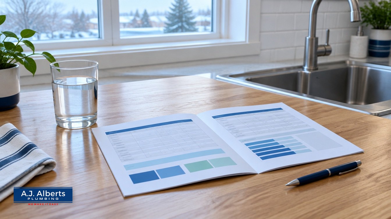 A glass of tap water beside an open water quality report on a kitchen counter.
