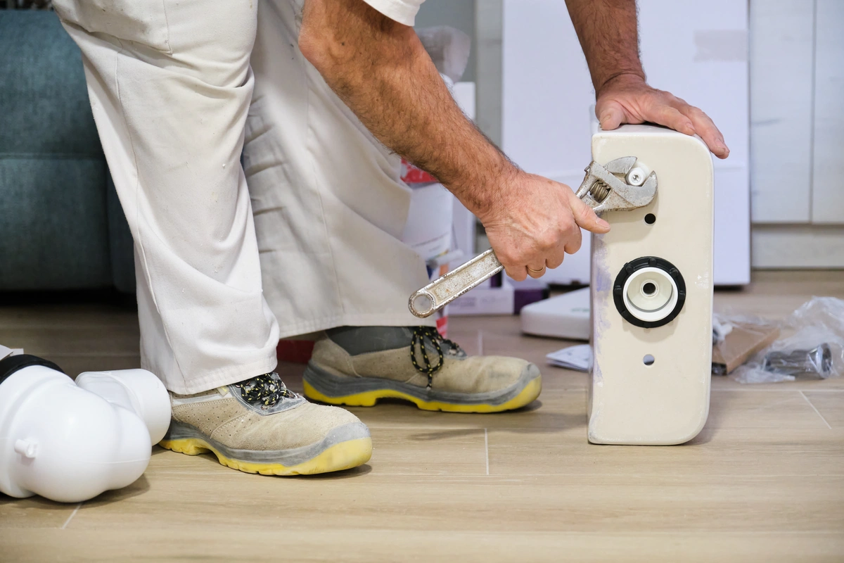 plumber unscrews mounting bolts by toilet flange