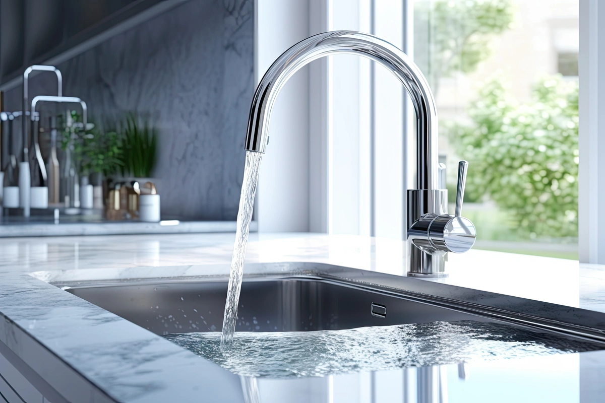 kitchen faucet with a window behind