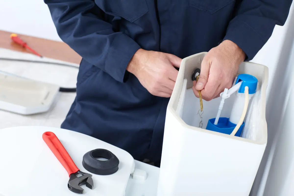 man fixing a broken chain in a toilet bowl