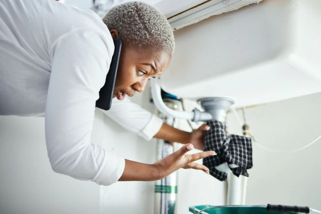 woman on the phone having plumbing issue