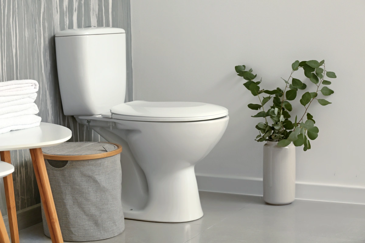 modern restroom interior with fixed toilet tank